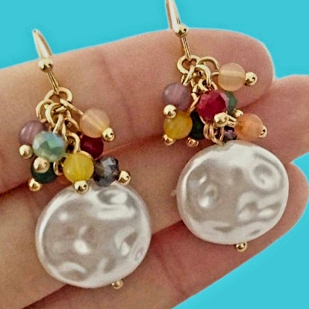 Fresh water pearl discs drop earrings goldtone